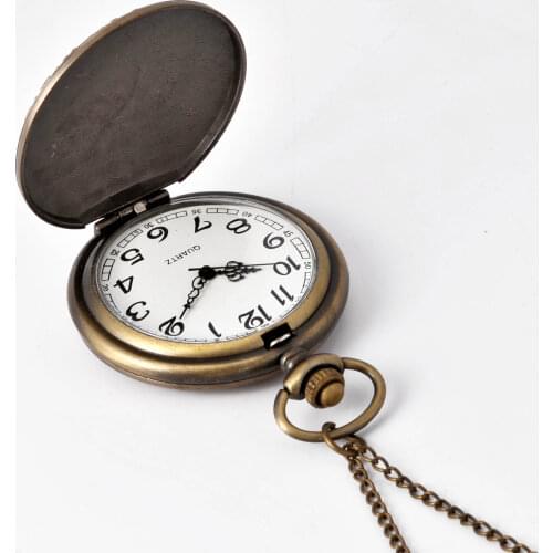 Trend retro creative embossed sparkle bronze open cover quartz pocket watch with necklace
