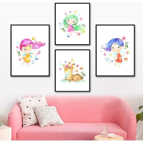 Cartoon Girl Mushroom Deer Flower Star Wall Art Canvas Painting Nordic Posters And Prints Wall Pictures Baby Kids Room Decor