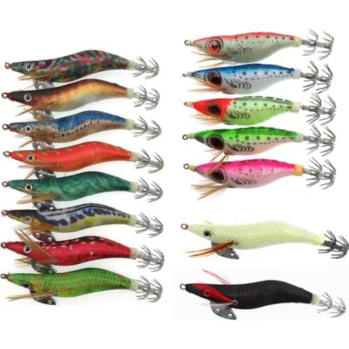 15Pcs Set Shrimp Fishing Lure 10CM 8.5G 11G Squid Jig 2.5# Hook Wood Shrimp Squid Fishing Bait Luminous Fishing Tackle