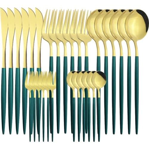 30Pcs Green Gold Cutlery Set Stainless Steel Dinnerware Kitchen Complete Tableware Knife Cake Fork Spoon Silverware Dropshipping