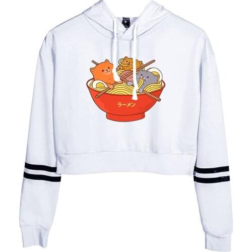 2019 Latest Women Pullover Hoodies Bare Midriff Sweatshirt Harajuku Cute Ramen And Cat Hip Hop Streetwear