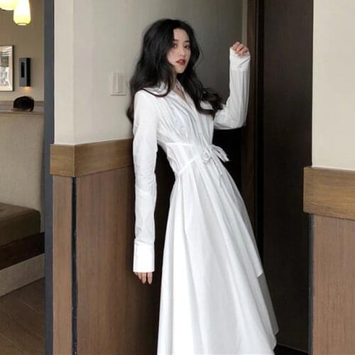 Hi Girl New Asymmetric Long Dress White Long Sleeve Cross V neck Sashes Vestido Elegant Slim Blouse Dresses Vestidos
