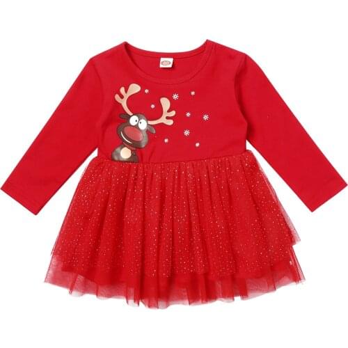 Christmas Costume Infant Baby Girls Clothes Cotton Round Neck Long Sleeve Dress Elk Snowflake Print Pattern Mesh Tutu for Party