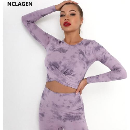 NCLAGEN Yoga Top Push-up Long Sleeve Sports Shirts Women High Elastic Printing Tie-dyed Naked-feel Fabric Fitness Gym Blouse