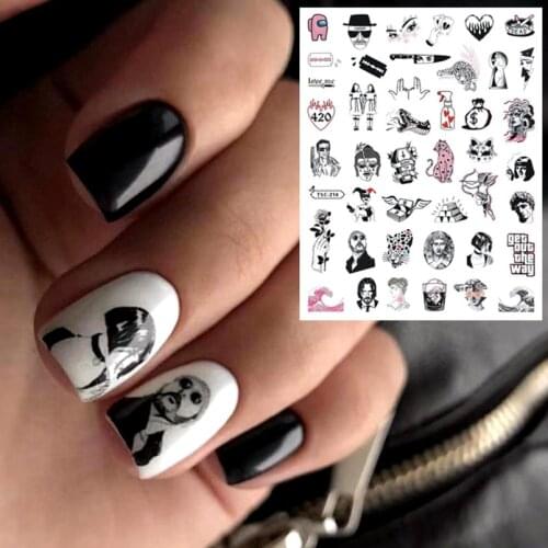 TSC-214 BLACK WHITE Leon 3d Nail Art Stickers Decal Template Diy Nail Tool Decorations