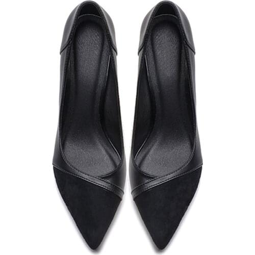 6/8CM High Heels Shoes Women Black Leather Stitching Suede Woman Shoes Sexy Pointed Toe Wedding Party Shoes Size 33-42