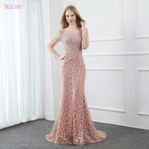 YQLNNE Dusty Pink Lace Embroidered Long Evening Dress Full Sleeve Pearls Crystals Mermaid Formal Women Evening Gowns
