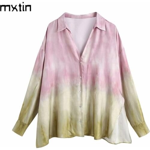 MXTIN 2021Women Fashion Tie Dye Oversize Blouses Vintage Lapel Collar Long Sleeve Irregular Female Shirts Blusas Casual Tops