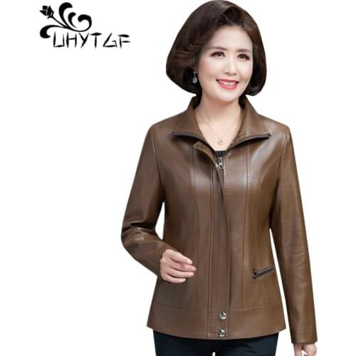 UHYTGF 6XL plus size leather jacket women quality PU washed leather short coat zipper Autumn winter leather jackets Genuine 1341