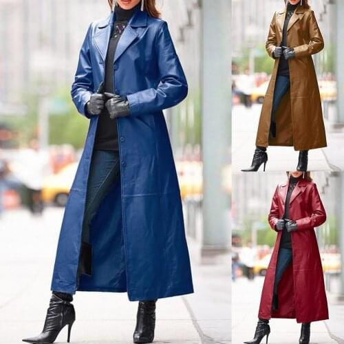 Women Autumn Winter Solid Color Faux Leather Long Slim Wind Coat Windbreaker