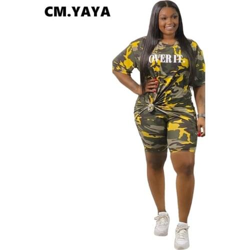 CM.YAYA Active Wear Plus Size XL-5XL Camouflage Overit Womens Set T-shirt Shorts Jogger Suit Tracksuit 2PCS Set Fitness Outfit