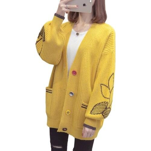 Autumn Winter 2020 Womens Cardigans Fashion V-Neck Single-Breasted Embroidery Loose Sweater Coat Female Knitted Tops Y478