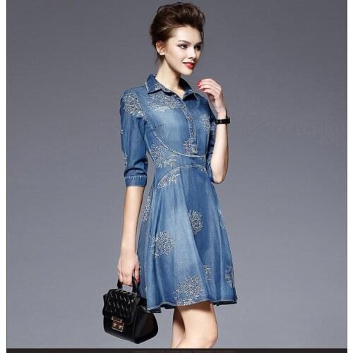 2021 New Autumn Women Dress Slim V Neck Jeans Embroidered Party Woman Midi Denim Dresses A-line Female Vestidos Plus Size 5XL