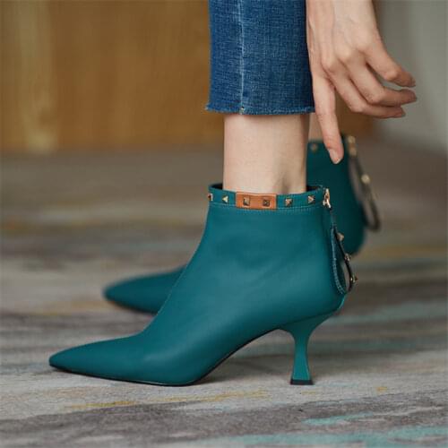 2021 blue Fashion Pointed Toe Thin High Heels Women Ankle Boots Top Quality Genuine Leather Sexy Elegant Party Prom Shoes