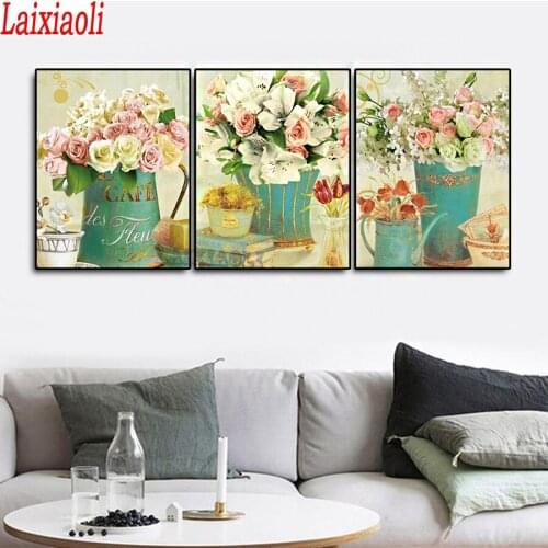 3 Pcs Nordic Home Decoration Retro Art Lily rose Flower And Vase diamond Painting embroidery with diamond mosaic Wall Picture