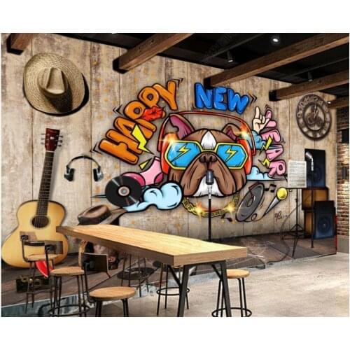 3d photo wallpaper custom mural Retro nostalgic music doodle dog bar decor 3d wall murals wallpaper in the living room