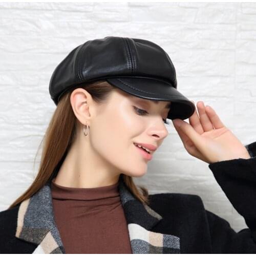 Genuine Leather Beret Hat Winter Spring Hats For Women Painter Newsboy Cap Vintage Beret Female Black Boinas England Style Hat