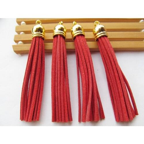 Free Shipping 100Pcs 90mm Red Suede Leather Jewelry Tassel For Key Chains/ Cellphone Charms Top Plated End Caps Cord Tip