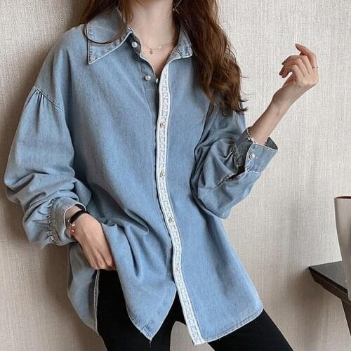 Denim Blouse Women Korean Long Sleeve Pearl Button Lace Spliced Loose Blue Shirt Female Spring Autumn Fashion Casual Blusas Tops