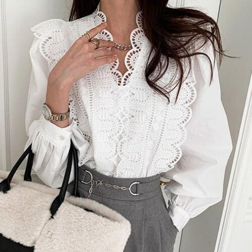 Alien Kitty White Lace Sweet V-Neck Sexy All Match Stylish 2021 New Basewear Ruffles Basic Women Girls Office Lady Shirts Tops