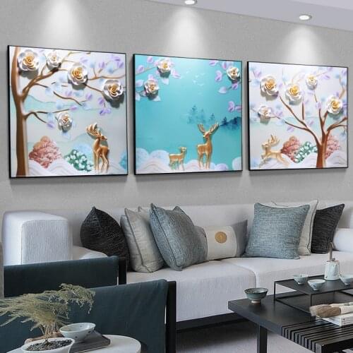 Living Room Decoration Painting Nordic Simple Modern Porcelain Embossed Mural Bedroom Bedside Triple Painting