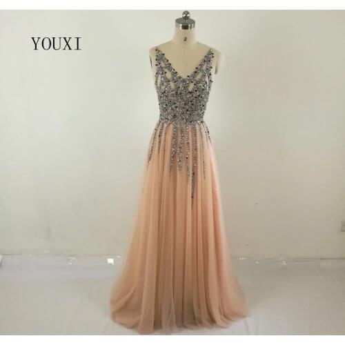 Robe De Soiree Real Photos Tulle Crystal Peach Color Party Occasion Formal Long Evening Dress 2017