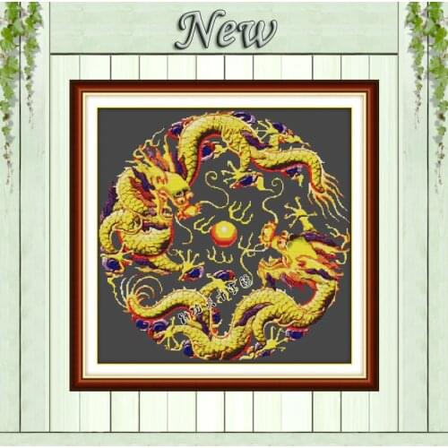 Double Dragon mascot black cloth painting counted on canvas DMC 14CT 11CT unprinted Cross Stitch Embroidery kits Needlework Sets