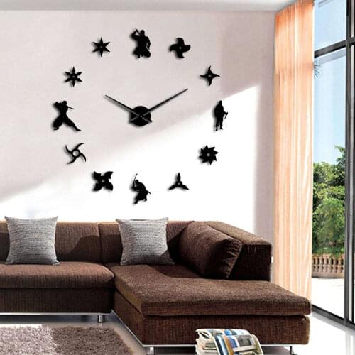 Ninja DIY Giant Wall Clock Shinobi Japan Japanese Fighters Warriors Frameless Mirror Wall Clock Decor Modern Design Clock
