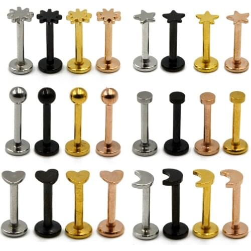 4Pc Internally Thread Flat Round ,Star, Moon, Heart Labret Lip Piercing Ear Tragus Stud Ring Monroe Body Jewelry Retainer 16g