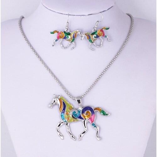 Fashion Colorful Dripping oil Jewelry Set for Women Unique Design Horse Necklace Earrings Party Jewelry Gift