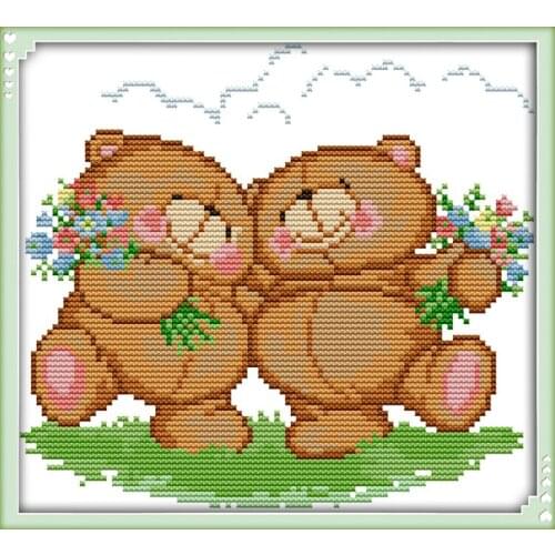 Two happy bears cross stitch kit 14ct 11ct count print canvas stitches embroidery DIY handmade needlework plus
