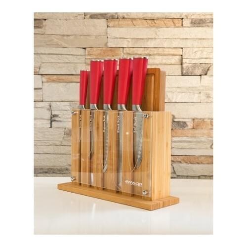 Emsan Matriks 7 Piece Stand Cutting Wooden Knife Set Red