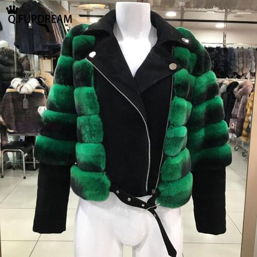 Q.FURDREAM Winter Warm Thick Jacket Natural Real Rex Rabbit Fur Long Sleeve Luxury Coat Horizontal Stripes Lapel Removable
