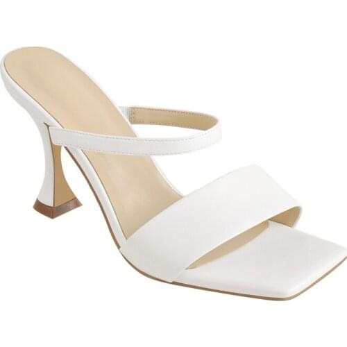 Richealnana Summer Slip-On Shoes For Women Square Toe Kitten High Heel Sandals Matte White Band Open Toe Slipper Casual