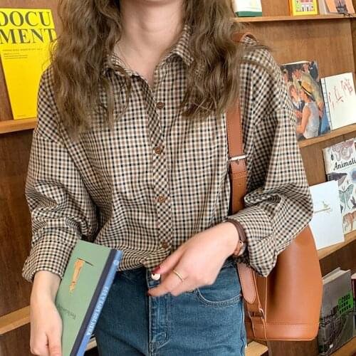 Women Plaid Shirts Women Elegant Chic Turn Down Collar Top Retro Loose Lady Korean Style Long Sleeve Blouses Femme Streetwear