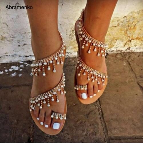 Women Sandals Flat Bohemian Summer Shoes Woman Ankle Strap Soft Leather Pearl Sandals Women Plus Size 35-43 Beach Sandalias