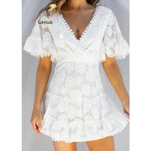 Summer Fashion Women Lace Flower Dress Ruffle Sleeve Plunge V Neck Solid Color Elegant Princess A-Line Party Mini Dress 2021