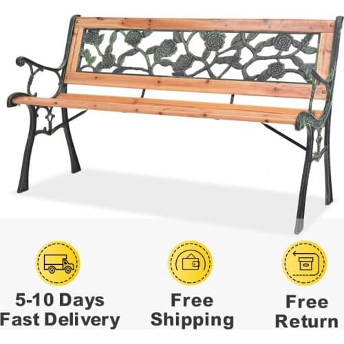 Modern Wooden Garden Bench Outdoor Garden Patio Wrought iron Bench Steel with Rose Pattern Backrest For Garden Balcony Backyard