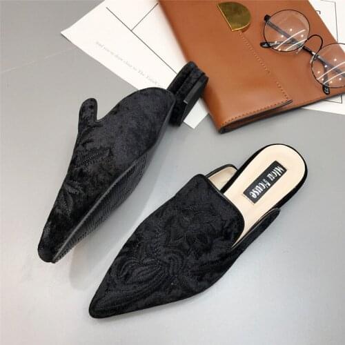Gold velvet mules shoes women embroidery flower slippers pointed toe flock flat moccasins embroider floral loafers flats HX-48
