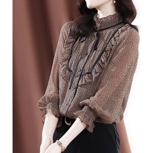 Women Spring Summer Style Blouses Tops Lady Casual Long Sleeve Leopard Color Blusas Tops DD9165