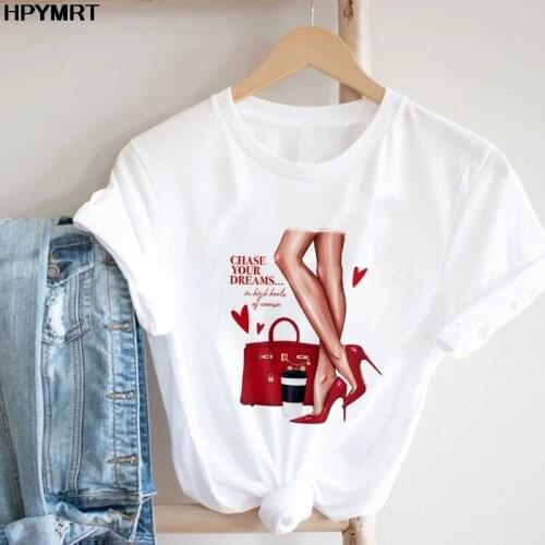 Women T-shirt Graphic Chase Your Dreams Fashion High heels bag Printing Cartoon Lady Clothes Tops Tee Short sleeve Female Tshirt