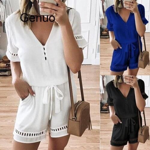 Plus Size Women Rompers Solid White Jumpsuit Summer Short Sleeve Overalls V Neck Jumpsuits Casual Drawstring Playsuit XL 4XL 5XL