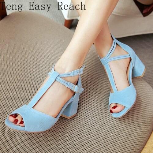 2021 Summer Faux Suede Blue Black Ladies Dress Shoes Chunky High Heels Large Size 33-48 T-strap Open Toe Women Sandals