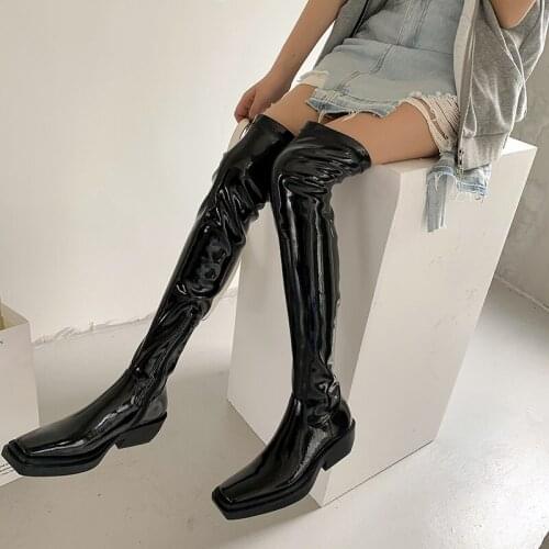 Spring Autumn New Fashion Think High Heels Square Toe Sewing Genuine Leather Women Over-the-Knee Boots Winter Ladies Long Botas