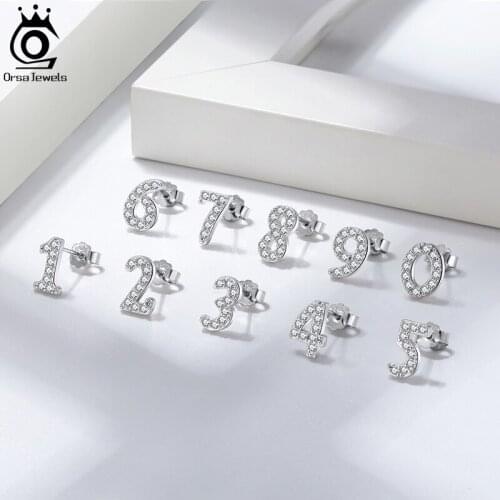 ORSA JEWELS Pure 925 Sterling Stud Earring Arabic Mumerals Design Rhodium Plated AAAA Zircon Brincos For Girls Party SE324