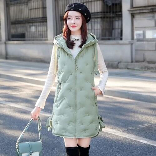 Women Mid-Length Hooded Vest Jacket Autumn Winter Down Cotton Thick Warm Sleeveless Coats Fashion Casual Embroidery Waistcoat