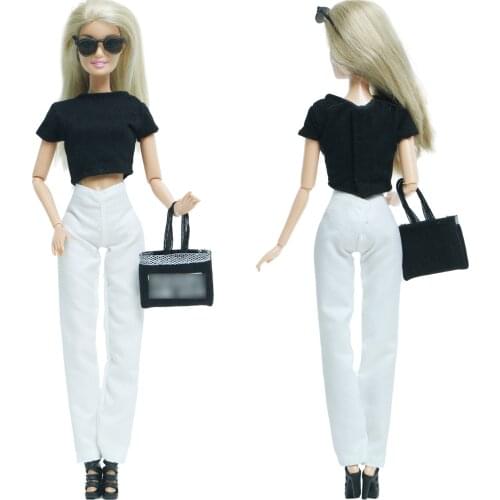 BJDBUS 1 Set Doll Outfit Black Glasses High Heels Sandals Shoes Handbag Cool Girl Clothes for Barbie Doll DIY Accessories Toys