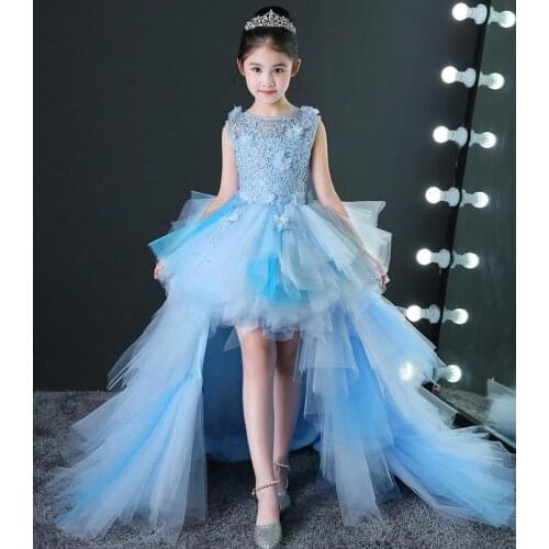 2018 Long Trailing Flower Girls Dresses for Wedding Light Blue Kids Pageant Dress First Holy Communion Dress Party Prom Dress