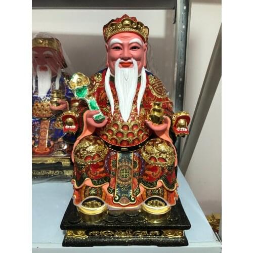 Asia HOME Temple altar High grade color Painted CAI SHEN TU DI GONG God Wood carving statue Bring wealth money good luck wealth