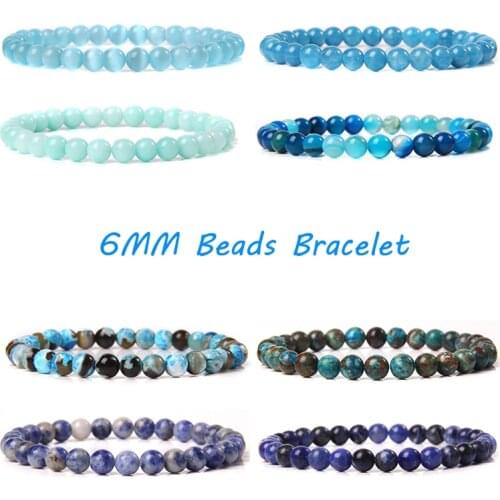 Natural Stone Blue 6MM Beads Bracelets For Women Men Pure Calm Agate Chalcedony Reiki Apatite Sodalite Bangles Cat Eye Jewelry